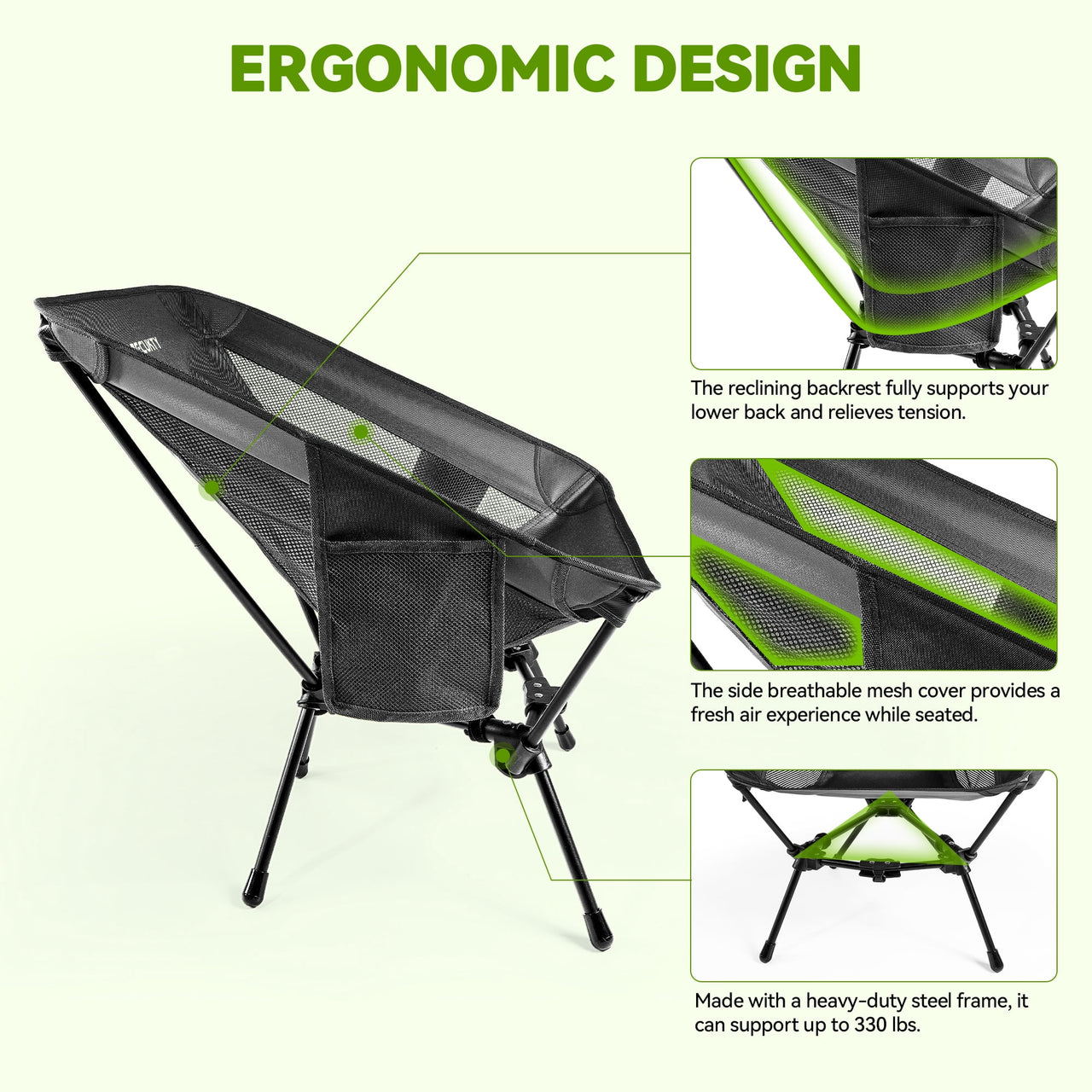 VECUKTY Portable Camping Chair with Carry Bag, Lightweight Folding Outdoor Chair with Side Pocket for Camping, Hiking, Fishing, Black