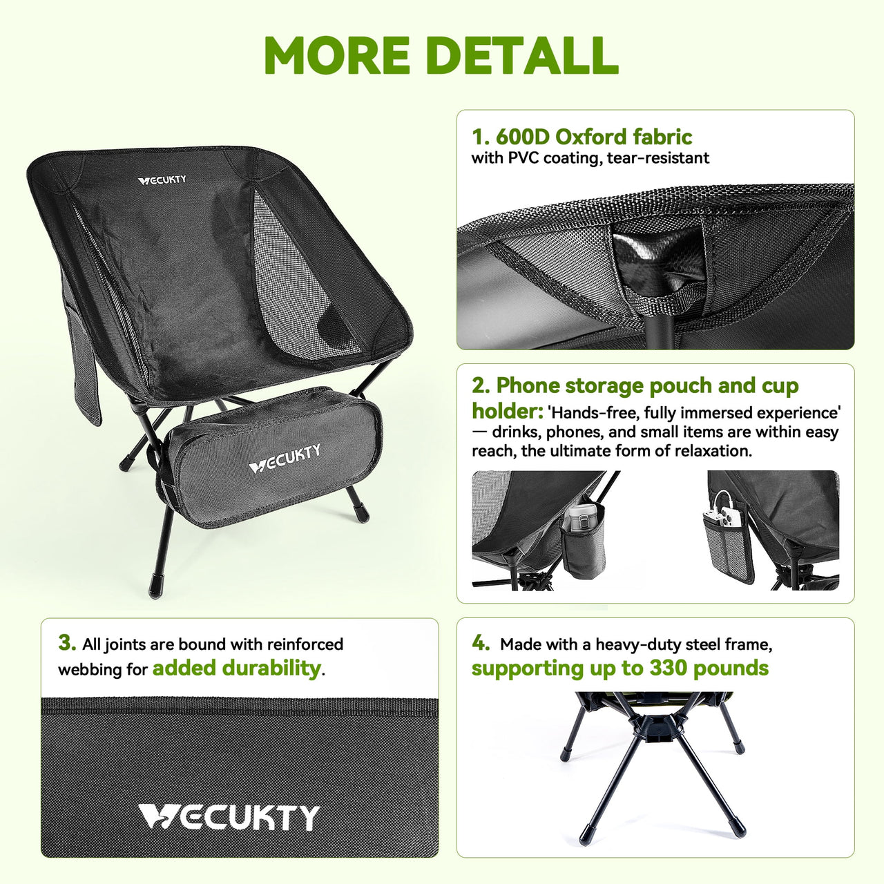 VECUKTY Portable Camping Chair with Carry Bag, Lightweight Folding Outdoor Chair with Side Pocket for Camping, Hiking, Fishing, Black