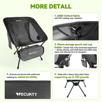 VECUKTY Portable Camping Chair with Carry Bag, Lightweight Folding Outdoor Chair with Side Pocket for Camping, Hiking, Fishing, Black