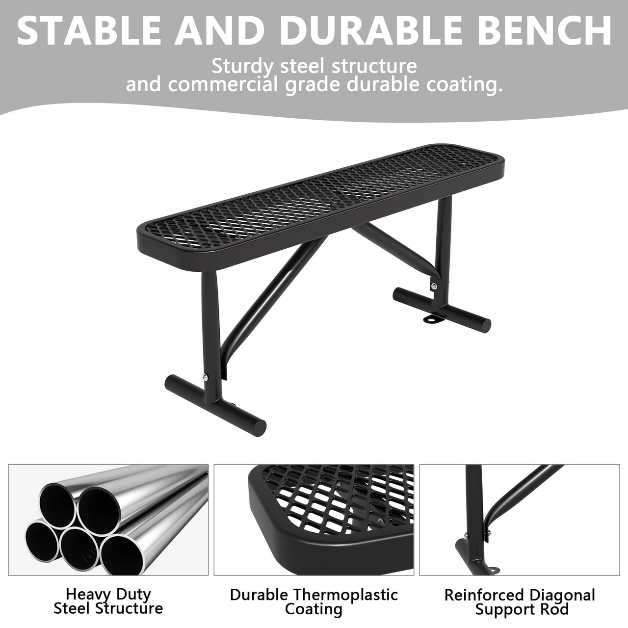 AwayHome 4FT Metal Outdoor Backless Park Bench,Weather-Resistant Heavy Duty Steel Mesh Seating for Commercial,Black