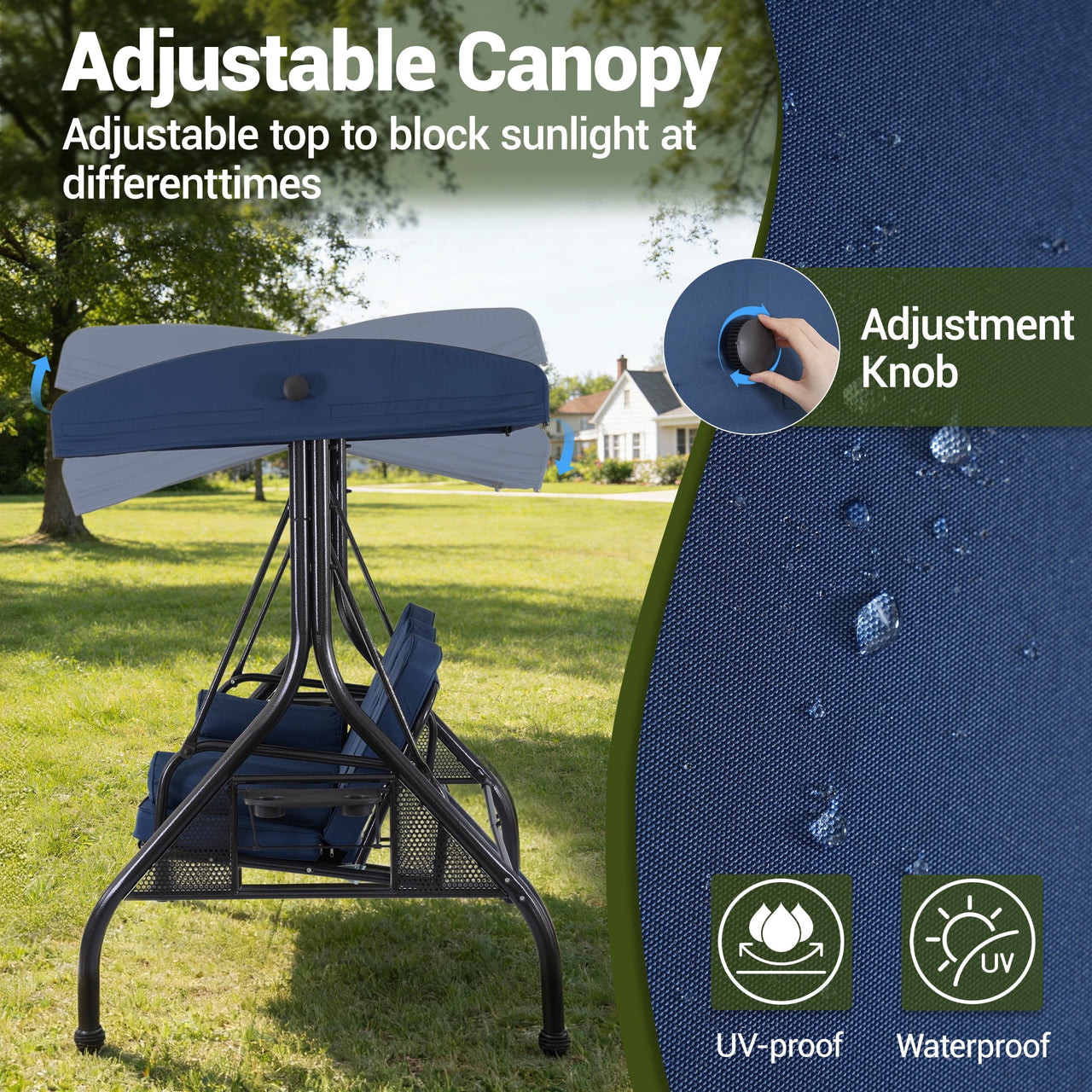 DELMANGO 3-Seat Outdoor Porch Swing with Adjustable Canopy, 2 in 1 Convertible Patio Swing Bed, Patio Glider Swing for Backyard, Blue