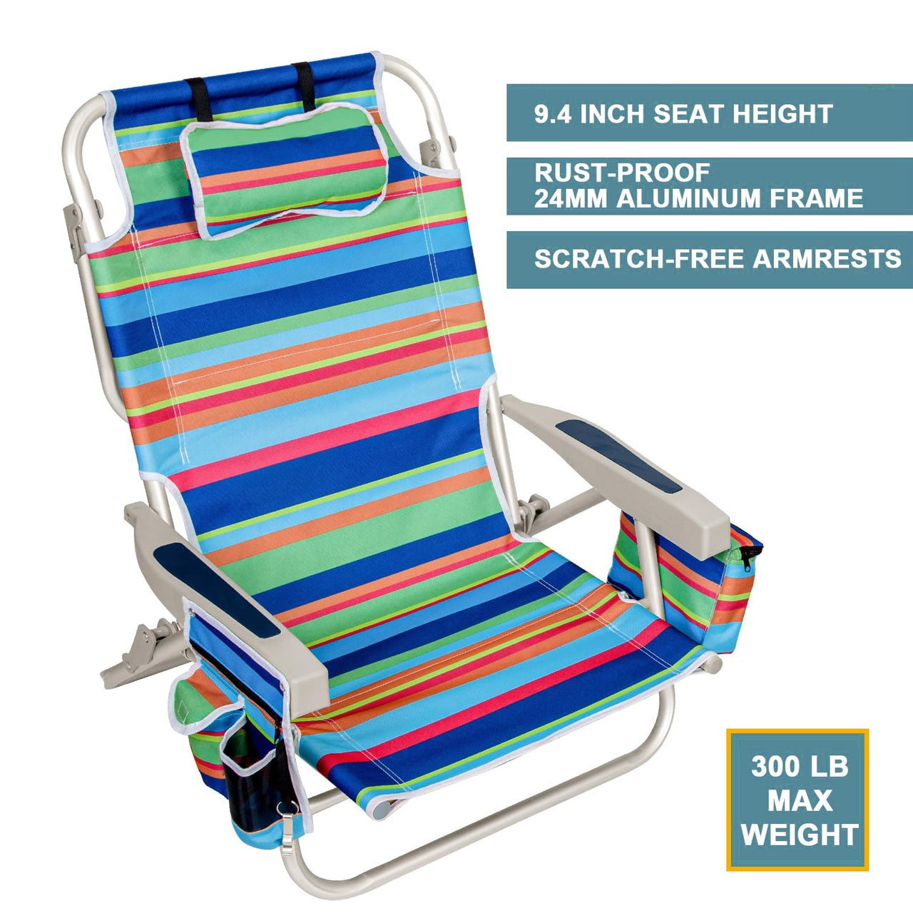 SUNSPIRE Aluminum 5-Position Beach Chair Lay Flat for Adult, Backpack Folding Chair with Cooler Bag Cup Phone Holder, Towel Bar Outdoor, 2 Pack