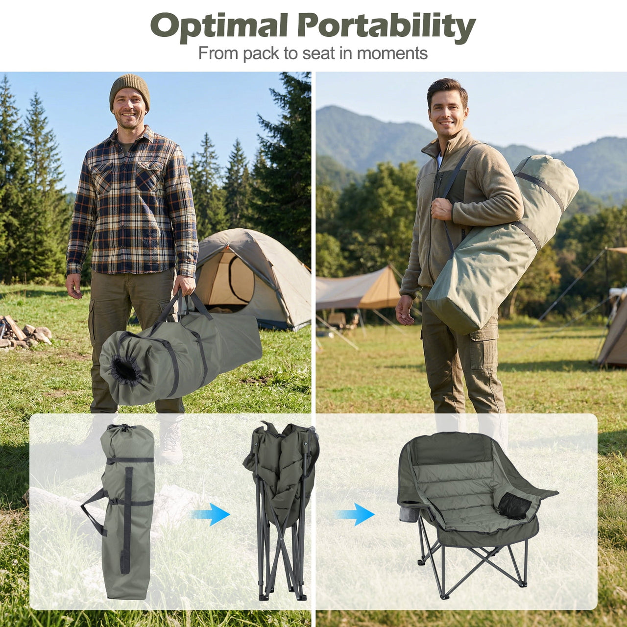 Costway Oversized Camping Chair Folding Upholstered Oxford Chair with Side Pockets Green