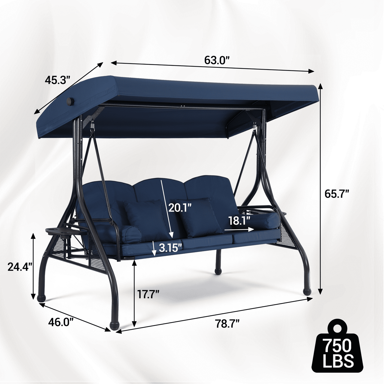 DELMANGO 3-Seat Outdoor Porch Swing with Adjustable Canopy, 2 in 1 Convertible Patio Swing Bed, Patio Glider Swing for Backyard, Blue
