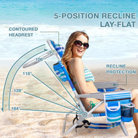 SUNSPIRE Aluminum 5-Position Beach Chair Lay Flat for Adult, Backpack Folding Chair with Cooler Bag Cup Phone Holder, Towel Bar Outdoor, 2 Pack