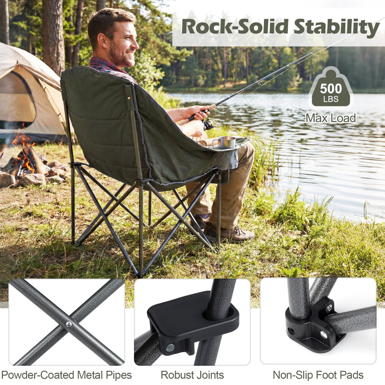 Costway Oversized Camping Chair Folding Upholstered Oxford Chair with Side Pockets Green