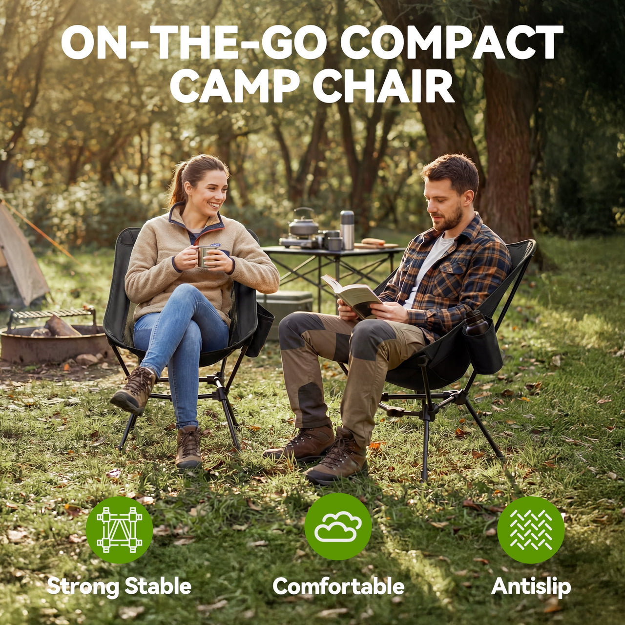 VECUKTY Portable Camping Chair with Carry Bag, Lightweight Folding Outdoor Chair with Side Pocket for Camping, Hiking, Fishing, Black