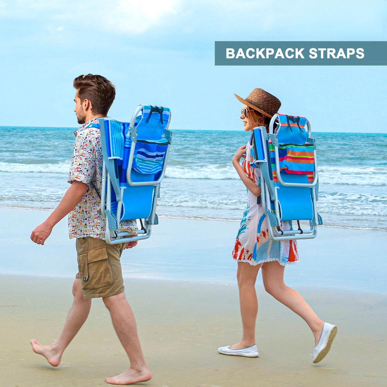 SUNSPIRE Aluminum 5-Position Beach Chair Lay Flat for Adult, Backpack Folding Chair with Cooler Bag Cup Phone Holder, Towel Bar Outdoor, 2 Pack