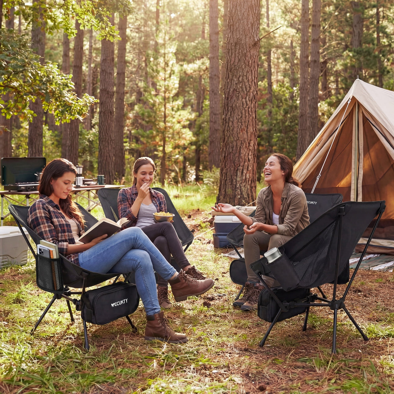 VECUKTY Portable Camping Chair with Carry Bag, Lightweight Folding Outdoor Chair with Side Pocket for Camping, Hiking, Fishing, Black