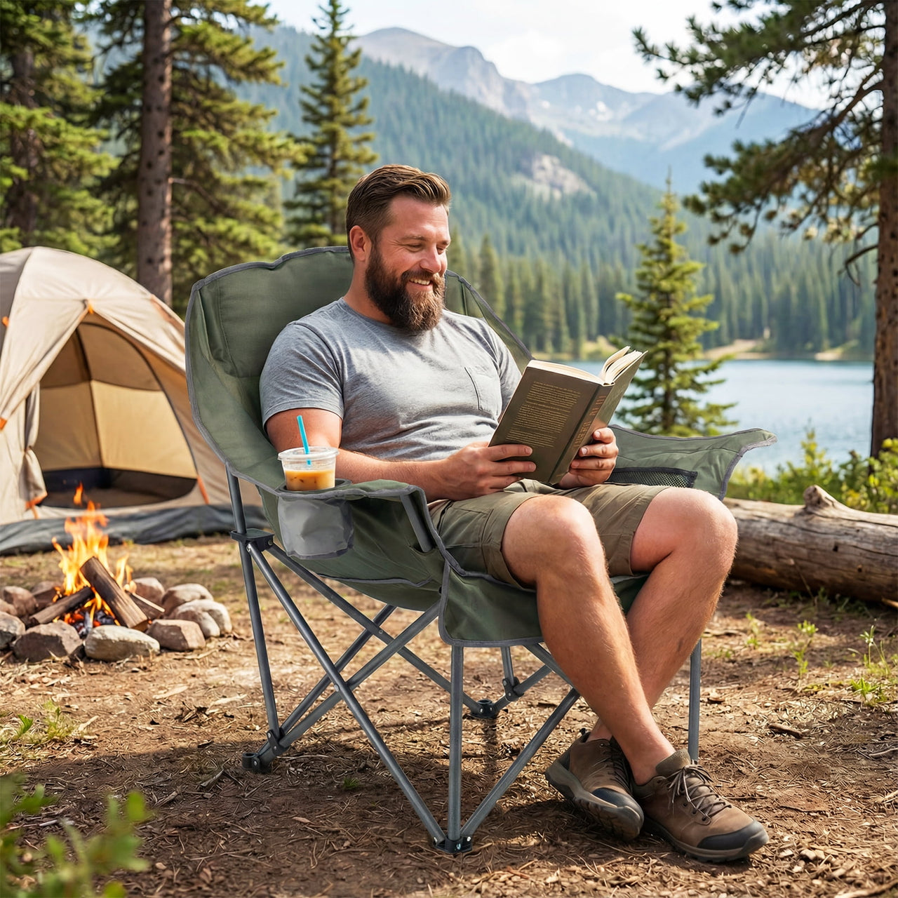 Costway Oversized Camping Chair Folding Upholstered Oxford Chair with Side Pockets Green