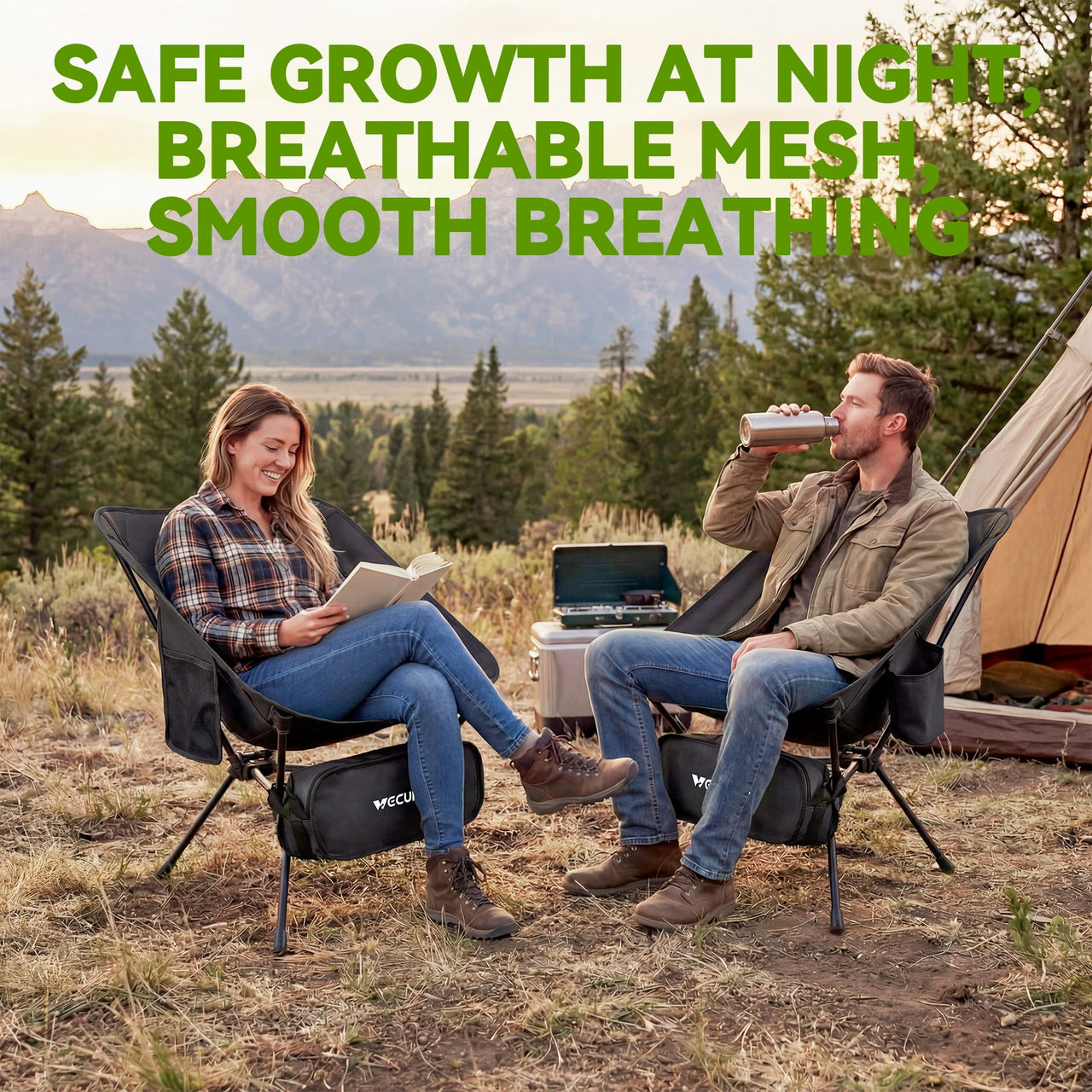 VECUKTY Portable Camping Chair with Carry Bag, Lightweight Folding Outdoor Chair with Side Pocket for Camping, Hiking, Fishing, Black