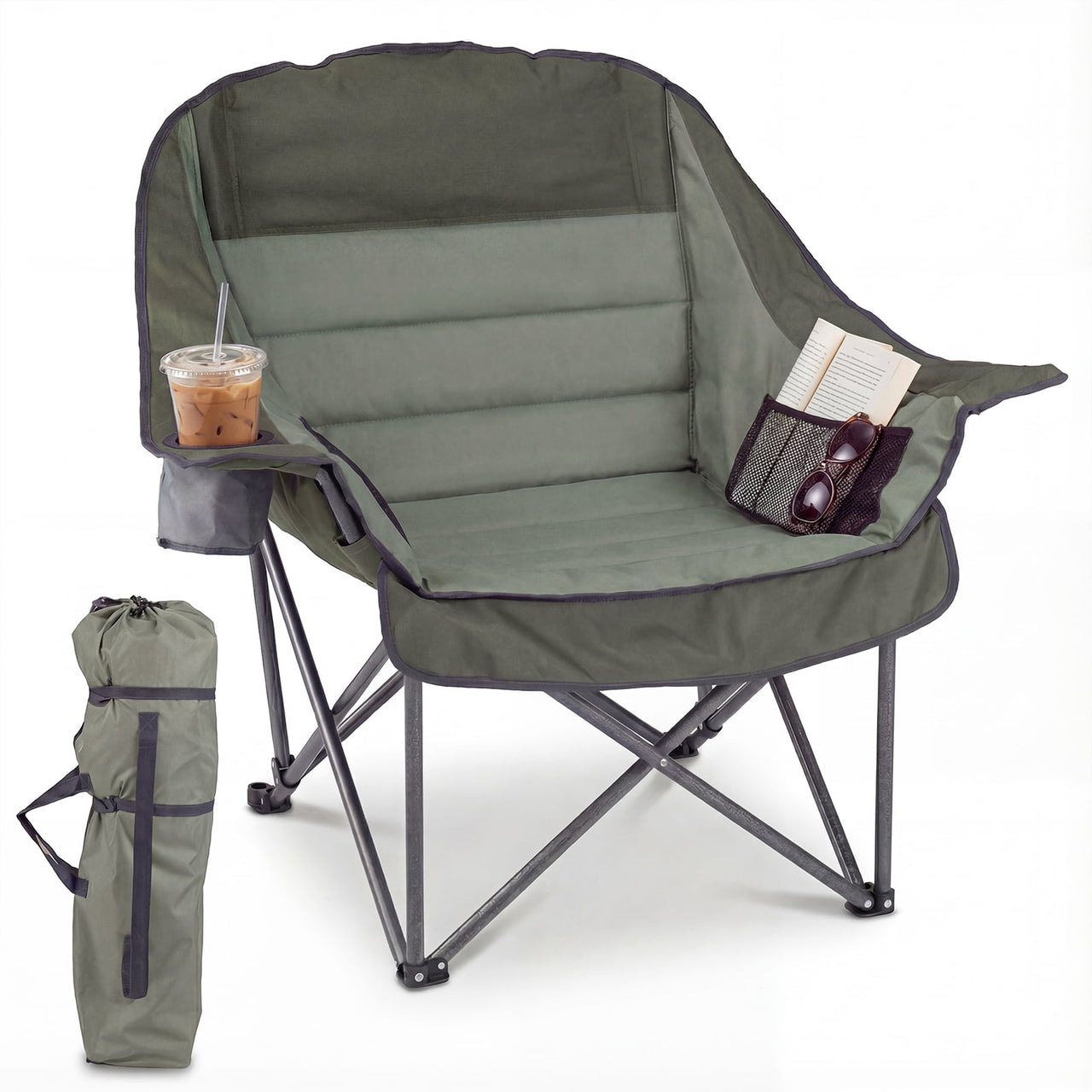 Costway Oversized Camping Chair Folding Upholstered Oxford Chair with Side Pockets Green