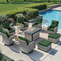 Muphyers 9-Piece Wicker Swivel Rocker Chairs Set with 55000BTU Fire Pit Table & Ottomans, All-Weather Outdoor Patio Furniture Set, Conversation Set for Backyard Porch Deck Garden,Gray