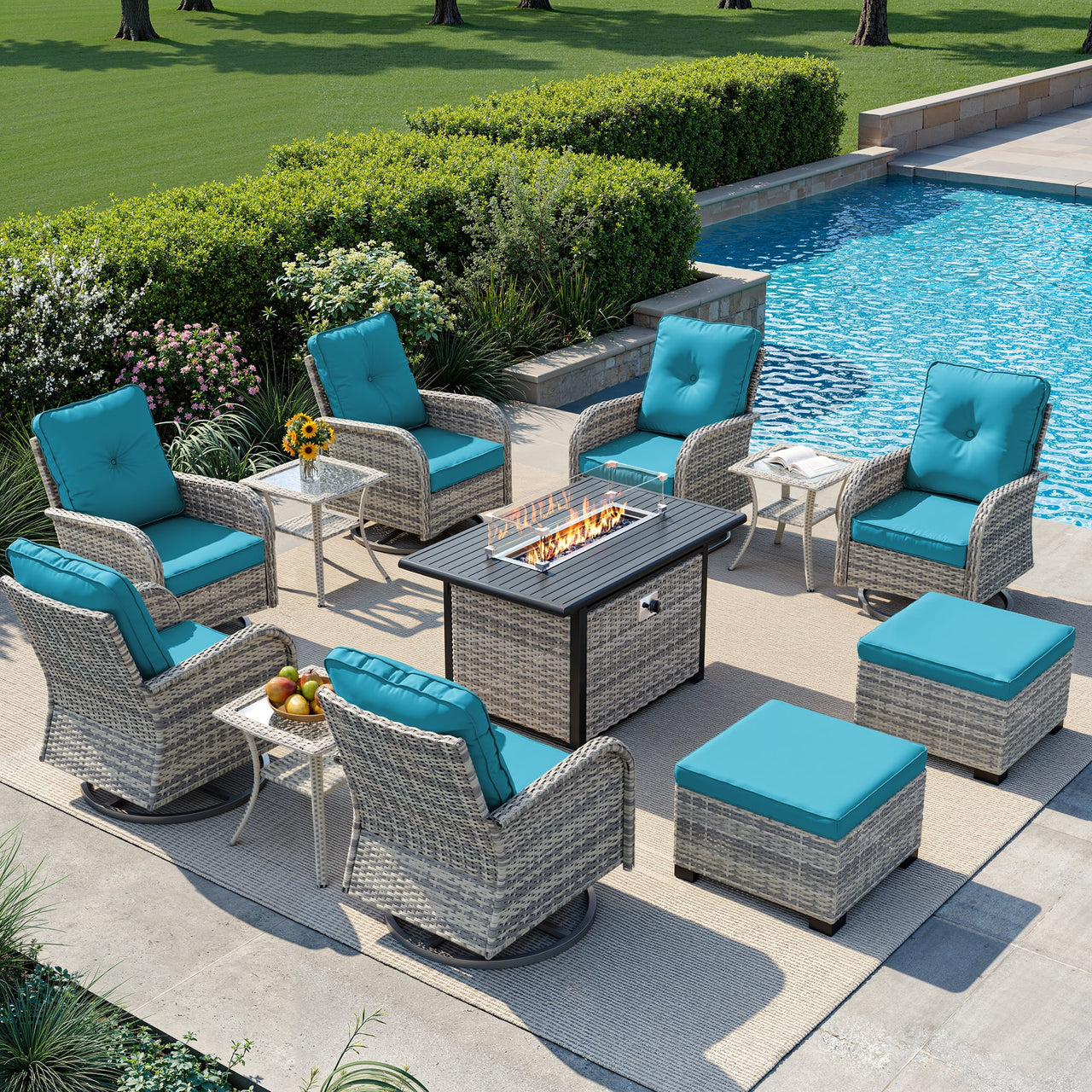 Muphyers 9-Piece Wicker Swivel Rocker Chairs Set with 55000BTU Fire Pit Table & Ottomans, All-Weather Outdoor Patio Furniture Set, Conversation Set for Backyard Porch Deck Garden,Gray