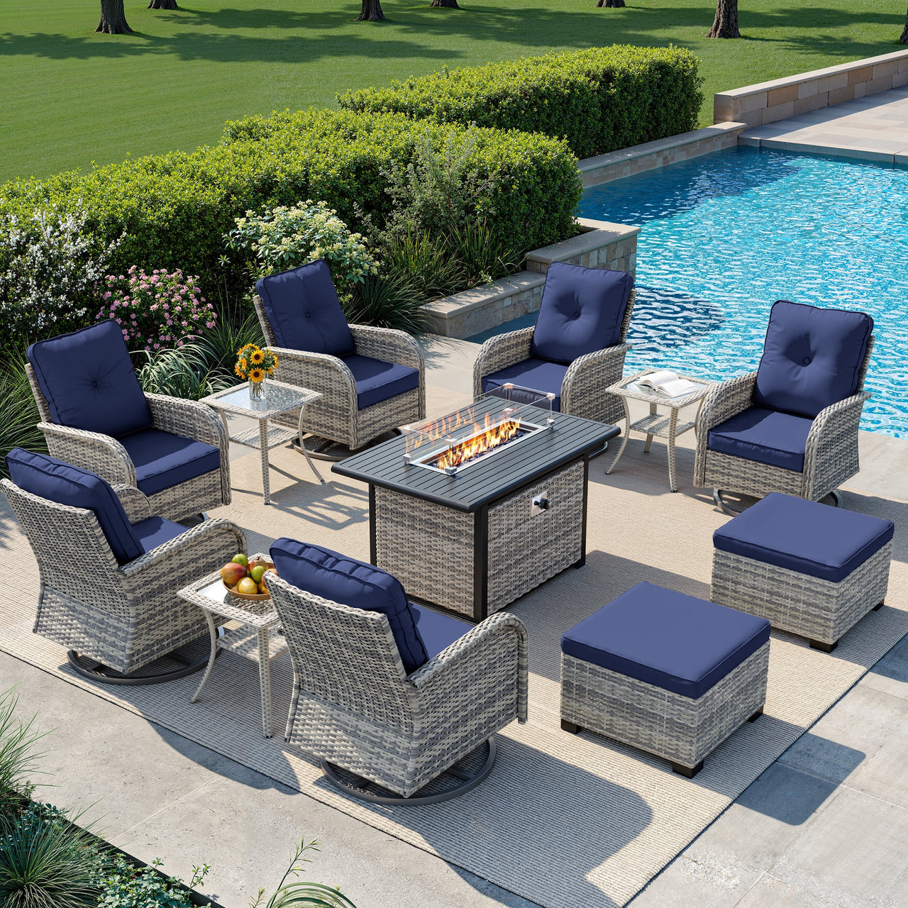 Muphyers 9-Piece Wicker Swivel Rocker Chairs Set with 55000BTU Fire Pit Table & Ottomans, All-Weather Outdoor Patio Furniture Set, Conversation Set for Backyard Porch Deck Garden,Gray