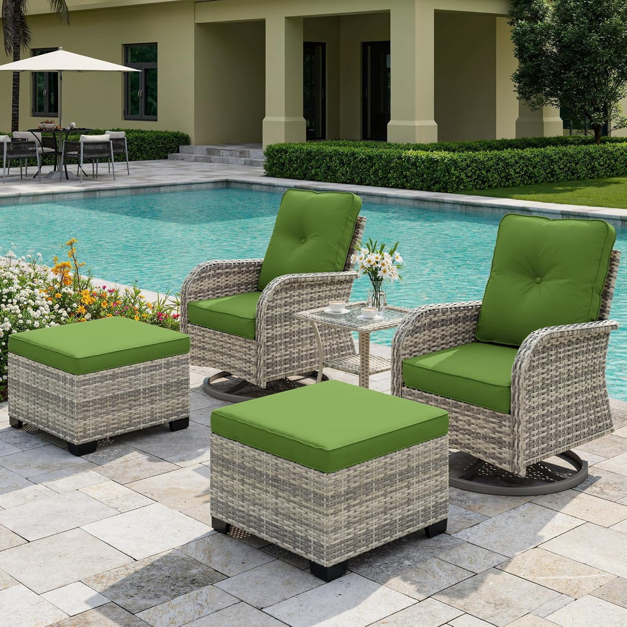 Muphyers 9-Piece Wicker Swivel Rocker Chairs Set with 55000BTU Fire Pit Table & Ottomans, All-Weather Outdoor Patio Furniture Set, Conversation Set for Backyard Porch Deck Garden,Gray