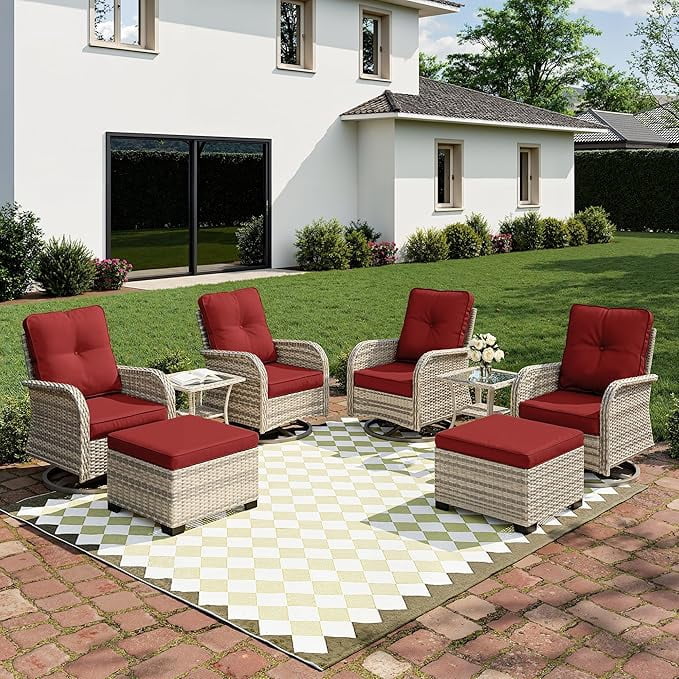 Muphyers 9-Piece Wicker Swivel Rocker Chairs Set with 55000BTU Fire Pit Table & Ottomans, All-Weather Outdoor Patio Furniture Set, Conversation Set for Backyard Porch Deck Garden,Gray