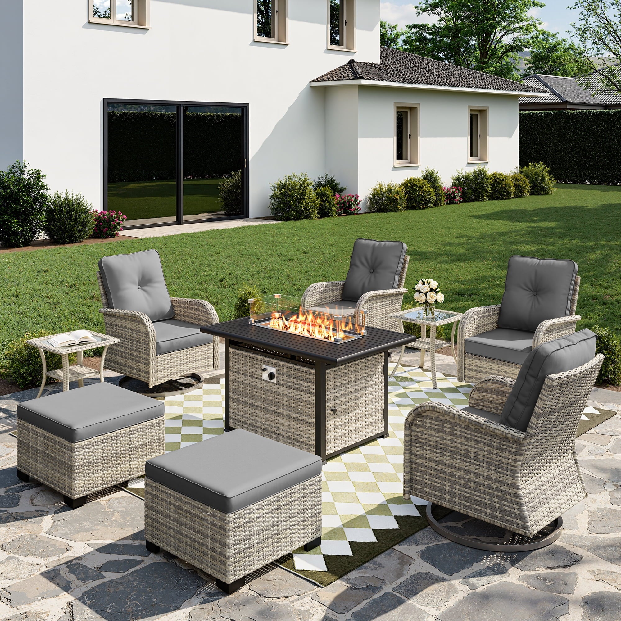 Muphyers 9-Piece Wicker Swivel Rocker Chairs Set with 55000BTU Fire Pit Table & Ottomans, All-Weather Outdoor Patio Furniture Set, Conversation Set for Backyard Porch Deck Garden,Gray