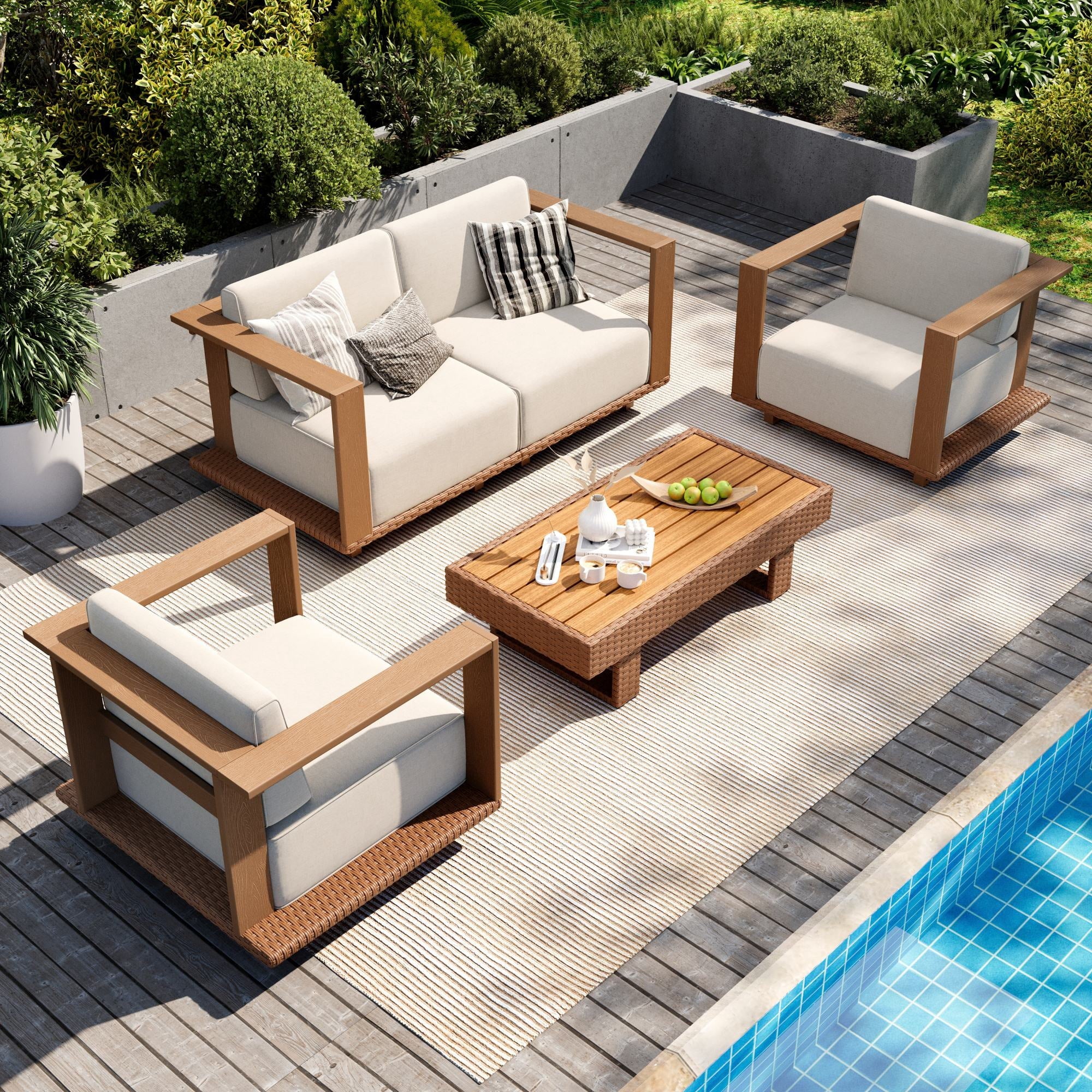 Alpha Joy 5 Pieces HDPE Patio Furniture Set with Wide Wicker Iron Seat & Thick Cushions, Brown & Beige