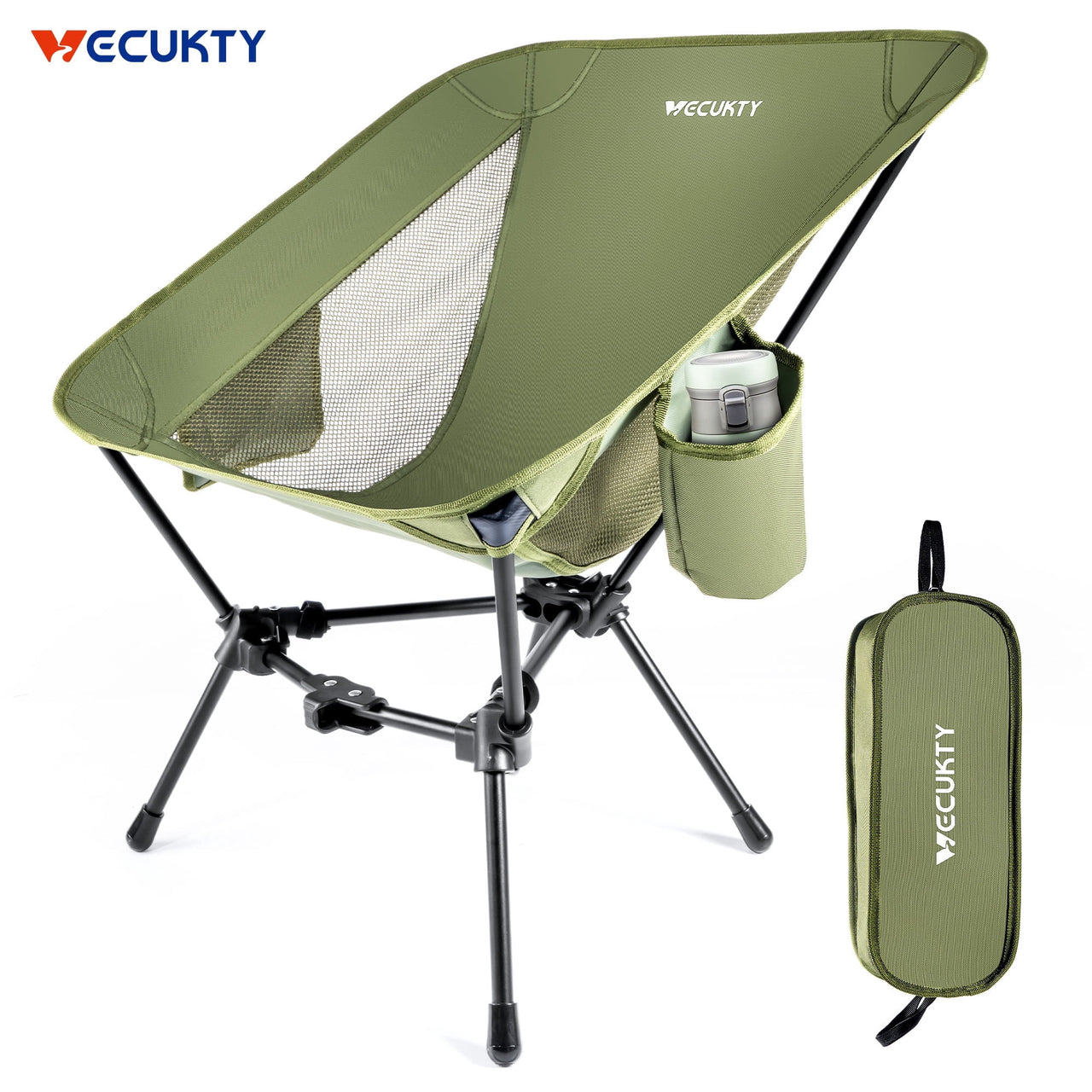 VECUKTY Portable Camping Chair with Carry Bag, Lightweight Folding Outdoor Chair with Side Pocket for Camping, Hiking, Fishing, Black