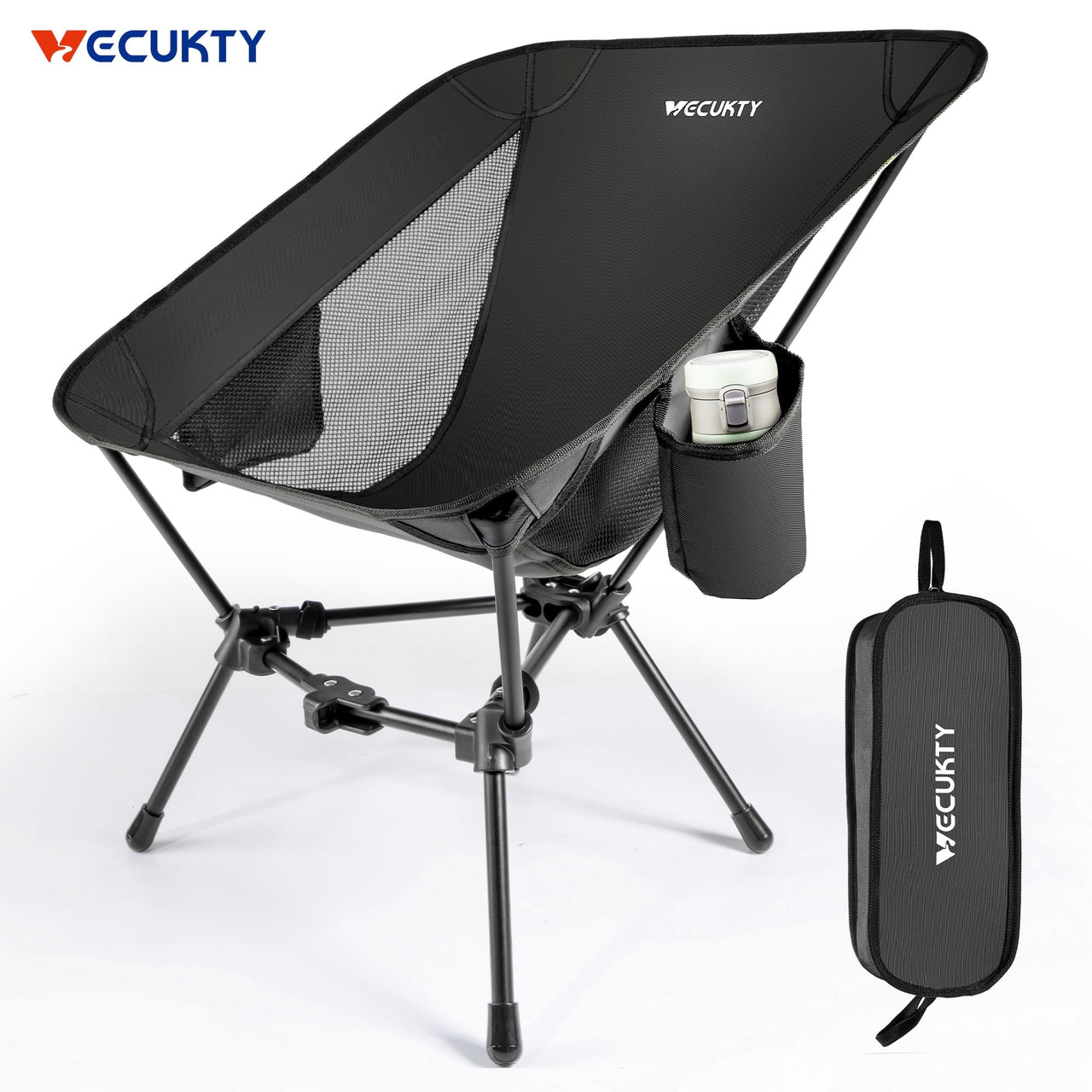 VECUKTY Portable Camping Chair with Carry Bag, Lightweight Folding Outdoor Chair with Side Pocket for Camping, Hiking, Fishing, Black
