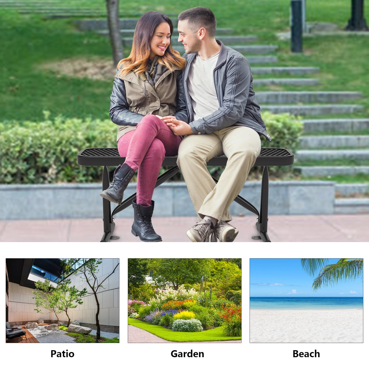 AwayHome 4FT Metal Outdoor Backless Park Bench,Weather-Resistant Heavy Duty Steel Mesh Seating for Commercial,Black