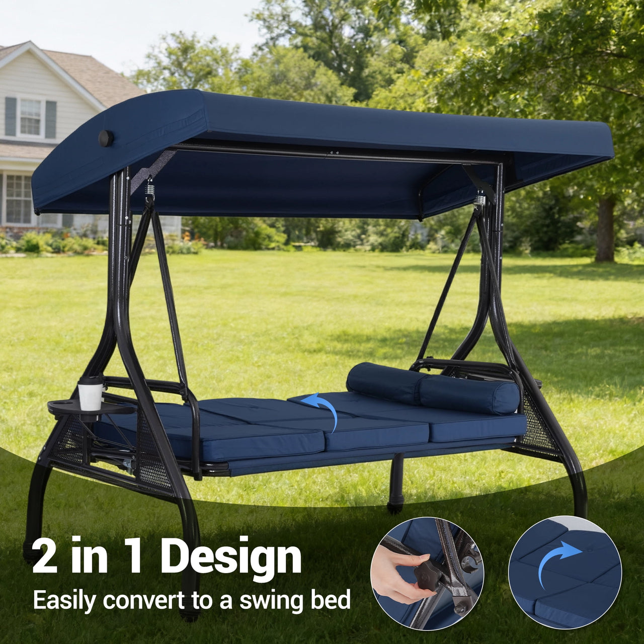 DELMANGO 3-Seat Outdoor Porch Swing with Adjustable Canopy, 2 in 1 Convertible Patio Swing Bed, Patio Glider Swing for Backyard, Blue