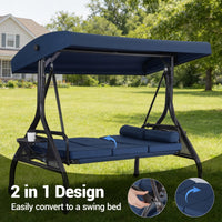 DELMANGO 3-Seat Outdoor Porch Swing with Adjustable Canopy, 2 in 1 Convertible Patio Swing Bed, Patio Glider Swing for Backyard, Blue