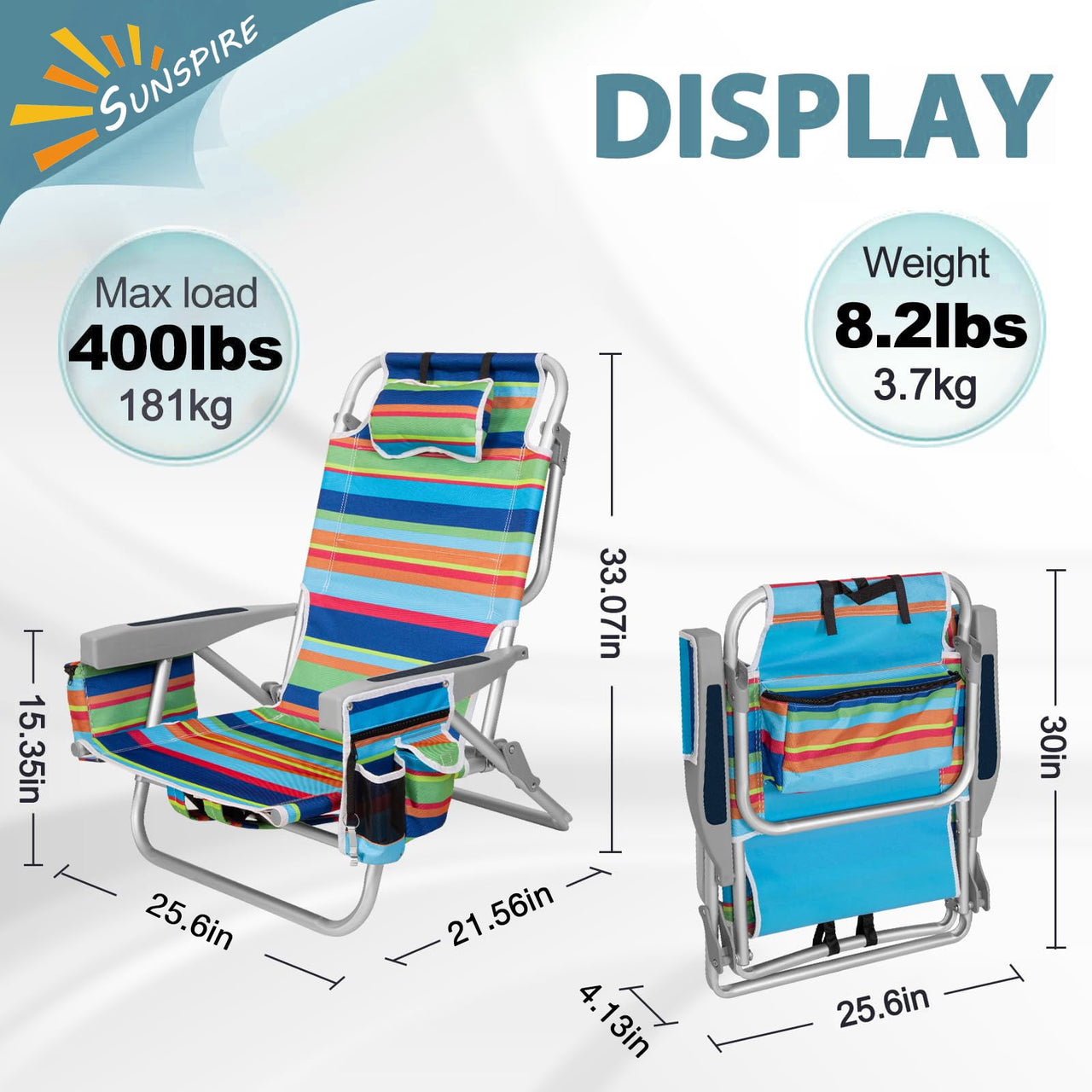 SUNSPIRE Aluminum 5-Position Beach Chair Lay Flat for Adult, Backpack Folding Chair with Cooler Bag Cup Phone Holder, Towel Bar Outdoor, 2 Pack