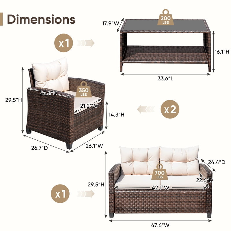 Lacoo 4 Pieces Patio Furniture Set Outdoor Sectional Sofa Conversation Set with Coffee Table for Balcony Porch Deck Backyard