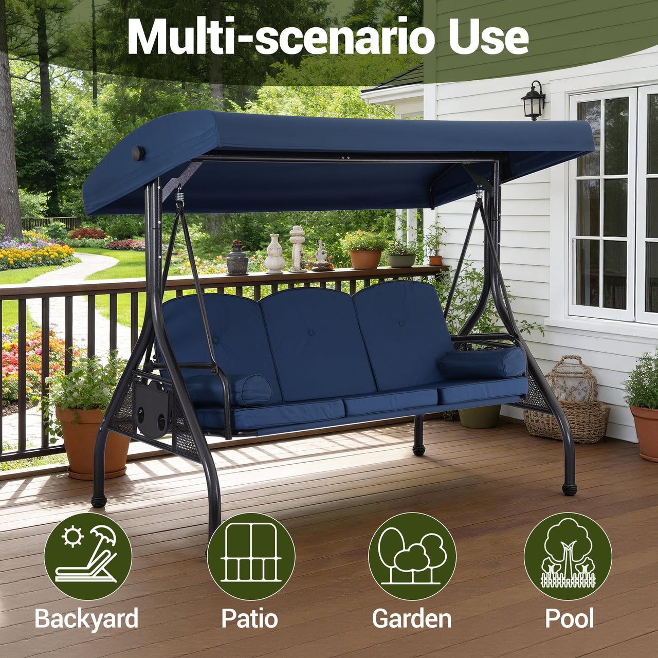 DELMANGO 3-Seat Outdoor Porch Swing with Adjustable Canopy, 2 in 1 Convertible Patio Swing Bed, Patio Glider Swing for Backyard, Blue