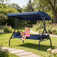 DELMANGO 3-Seat Outdoor Porch Swing with Adjustable Canopy, 2 in 1 Convertible Patio Swing Bed, Patio Glider Swing for Backyard, Blue